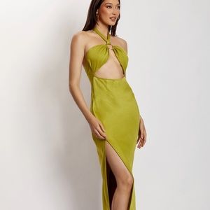 MESHKI | Lime Green Satin Midi High Slit Dress